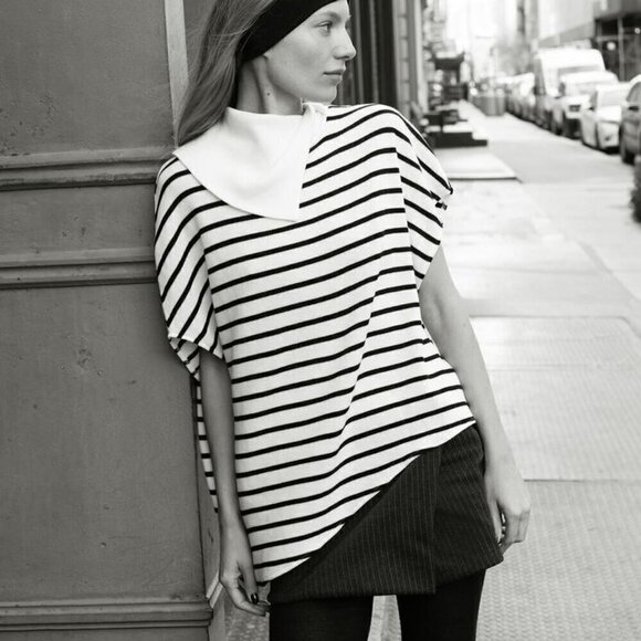 Zara Size L Soft Striped Sweater, Asymmetrical Hem, Split Cowl Neck Collar, NWOT - Picture 13 of 13